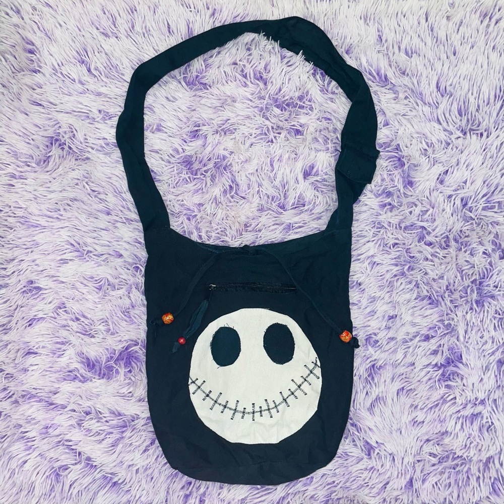 Jack Skellington Black and White Boho Tote Bag with Zipper Enclosure & Pockets